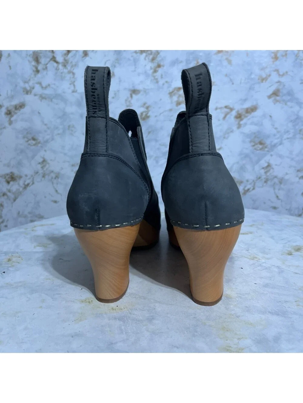 Swedish Hasbeens 40 Womens Size 10 Shoes Blue Leather Wooden Chelsea Ankle Boots